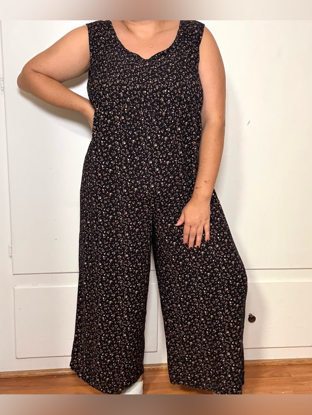 Vintage 90s All That Jazz Black Micro Floral Smocked Wide Leg Rayon Jumpsuit